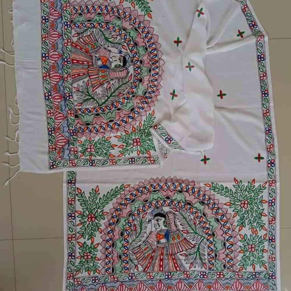 Tussar Saree with Madhubani Bride, Doli, and Kaahar Painting